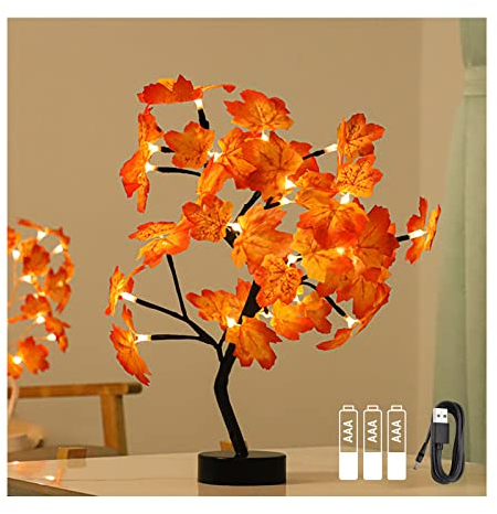 LED Ahornblatt Baum Licht USB & Batteriebetriebenes, 50cm 24 LEDs Schreibtisch Ahorn-Blätter Baumlicht Warmweiß, Herbst Dekoration Blätter Lichterketten für Erntedankfest, Weihnachten Party Halloween