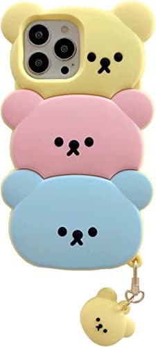 YAKVOOK for iPhone 14 Pro Bear Case, Kawaii Phone Cases 3D Silicone Cartoon Case with Keychain Fun Apply to iPhone 14 Pro Cute Case Soft Rubber Shockproof Protective Case for Women Girls