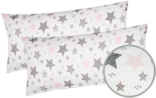 Baumwoll Renforcé Kissenbezug - 2er Set in 40x80cm - Sterne mit kreisen und Punkten - Weiß, Rosa, Schwarz - Kopfkissen-Bezug, Kissenhülle, Dekokissenbezug aus 100% Baumwolle (KY-610/1-40x80)