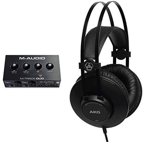 M-Audio M-Track Duo — Interfaccia audio Scheda audio Esterna USB per registrazione, streaming, podcasting con ingressi XLR, Line e DI e software & AKG K52 Closed Back Cuffie, Nero