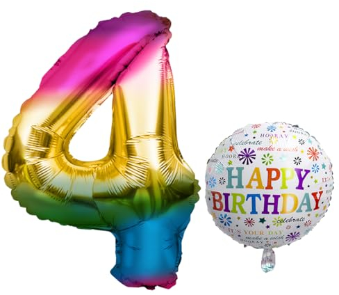 Luftballon 4. Geburtstag • XXL Riesen Folienballon SET • 101cm + 45 cm Ballon + 5M Deko Band • Folienballon 4 • Helium geeignet • Wiederverwendbar • Geburtstagsdeko Jungen Mädchen Ballon Zahl Ballon 4