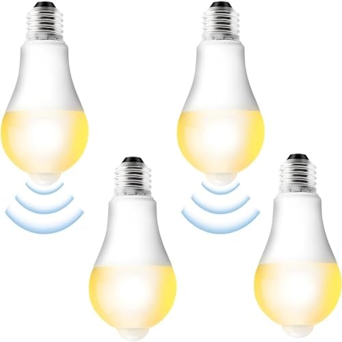 4 Stück E27 LED Glühbirne Mit Bewegungsmelder, 12W Warmweiß 3000K Lichtsensor Energiesparlampe für Flur, Garage, Balkon, Treppe