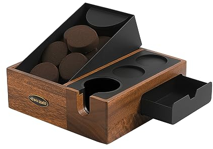 MHW-3BOMBER Espresso Knock Box and Tamp Station, 5 in 1 Espresso Organizer Station, Detachable Knock Box Fits 51/54/58mm Coffee Tamper, Distributor, Portafilter, Anti-Slip Walnut Base CH5530-OS