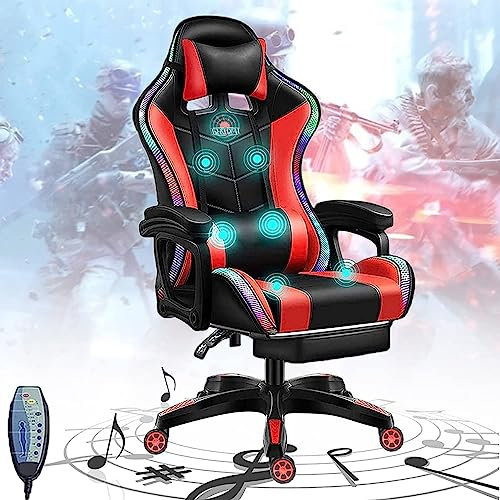 Masaje PC Gaming Chair para adultos y adolescentes Sillas de video ergonómicas con altavoces Soporte lumbar y reposapiés RGB LED Light Computer Swivel Chair for Recreation Room,Rojo