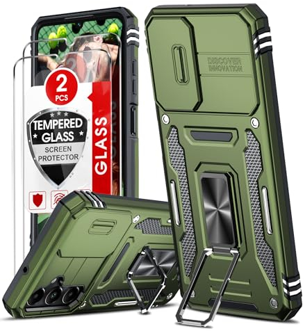 LeYi Coque pour Samsung A05S(Pas A05) Antichoc avec Protection Caméra Coulissante,2*Verre Trempé,Étui de PC Dur et TPU Silicone Militaire Anti-Rayures Coque Samsung Galaxy A05S Anneau-Vert Olive