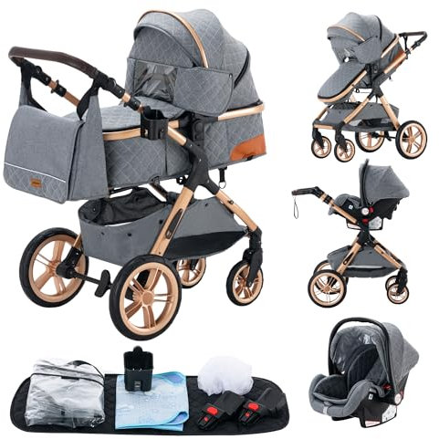 YAZOCO kinderwagen 3 in 1, Zusammenklappbar kinderwagen Komplettset Becherhalter, Moskitonetz, Fußabdeckung Für Baby Erstausstattung Neugeborene (5 Grau)