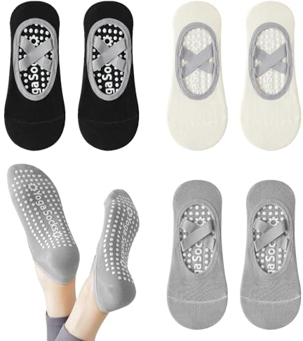 Lunyloer Yoga Socken, 3 Paar Yoga Socken Damen, Antirutsch Socken Grip-Socken mit Riemen Pilates socken Stoppersocken für Ballett Pilates Tanz Workout mit Kissen Schwarz Weiß Grau 35-40