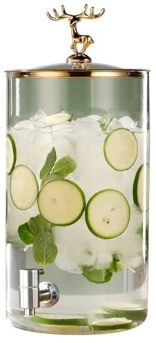 Distributeur De Boissons|Distributeur De Boissons De Grande Capacité Avec Couvercle En Verre Et Robinet Anti-fuite|Bouche Large Remplissage Facile Distributeur De Jus,5L+Robinet Inox,Pas De Support