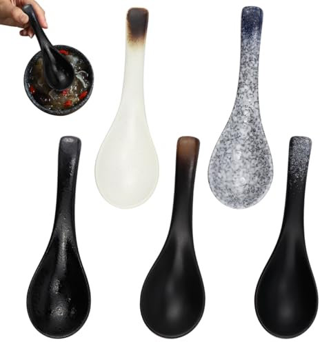 LNQ LUNIQI Juego de cucharas de cerámica, 5 piezas de cucharas chinas y cubiertos de ramen asiáticos, cucharadas japonesas retro para sopas, pasta, cubiertos para el hogar