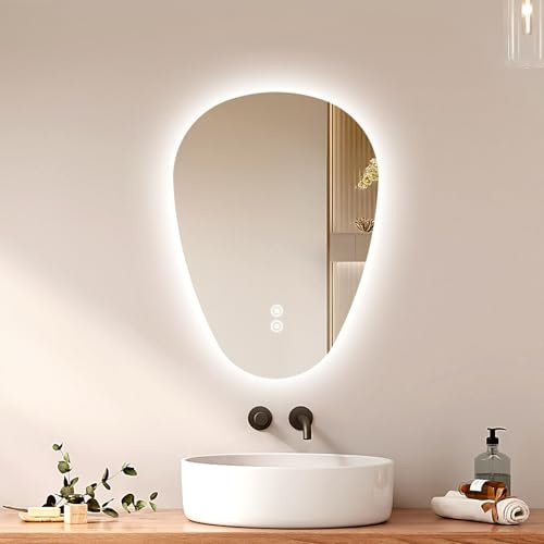 EMKE Asymmetrischer Spiegel LED Badspiegel mit Beleuchtung 60 x 45 cm Touch-Schalter, 3 Lichtfarben Dimmbar, Beschlagfrei Badezimmerspiegel mit Beleuchtung IP44