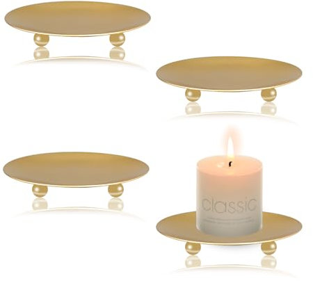 YoHyien 4 Pcs Pillar Candle Holders 3.5 in, Candle Plates for Pillar Candles, Metal Candle Dish, Retro Candle Holder Tray for Christmas, Home Party, Wedding Decoration, and Dinner (Gold)