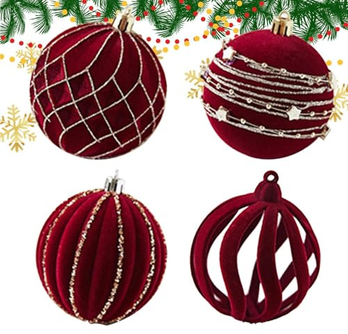 Christbaumschmuck aus Samt, Set mit 4 beflockten Weihnachtskugeln, Samtdekoration, Bordeaux, 8 cm Durchmesser, bruchsicheres Glitzer-Design, Weihnachtsschmuck von Lu