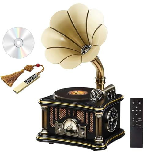 Vinyl Record Player Gramophone,Gramophone Vintage,All In One Nostalgic Phonograph 2.1 Stereo HIFI Sound Quality with Wireless Remote Control/Retro USB Flash Drive/Disc,for Bluetooth Connection/FM