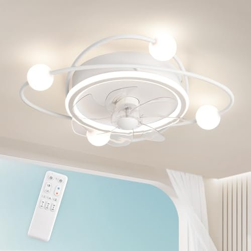 RRBEST Ventiladores de techo Modernos, 55cm Ventilador de Techo con luz, 48W Ventiladores de Techo con Luz y Mando, Estar Dormitorio Comedor Lampara Ventilador techo(Blanco)