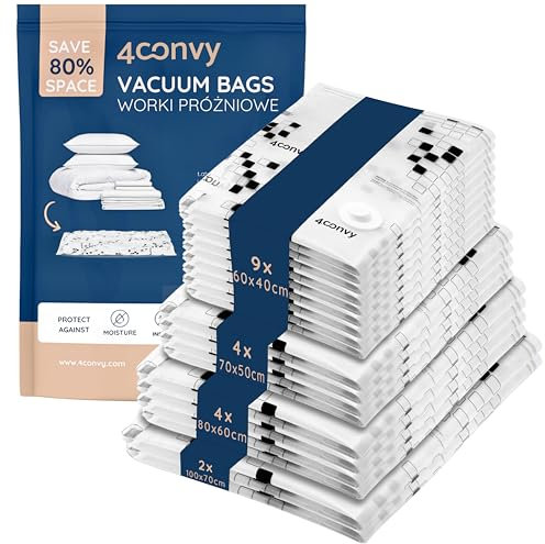 4CONVY Housse de rangement sous vide - Rangement sous vide hermétique – Sac sous vide pour vêtements et couette - 19 sacs de rangement sous vide réutilisables avec pompe manuelle