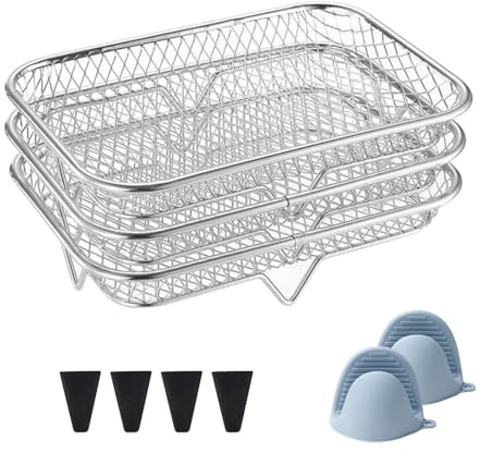 3 Piezas Cesta Freidora de Aire, Rejilla para Freidora de Aire, Accesorios Airfryer Apilables, Inoxidable, Bandejas de Metal para Freír de Aire, para Ninja Dual Air Freyer (Rectangular)