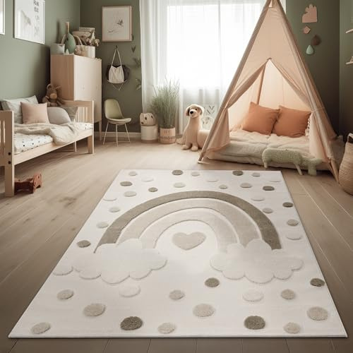 Paco Home Kinderteppich Moderner Spielteppich Kinderzimmer 3D-Effekt Naturtöne weicher Flor robust & pflegeleicht Schlingenstruktur Regenbogen-Motiv Creme Sand, Grösse:160x220 cm
