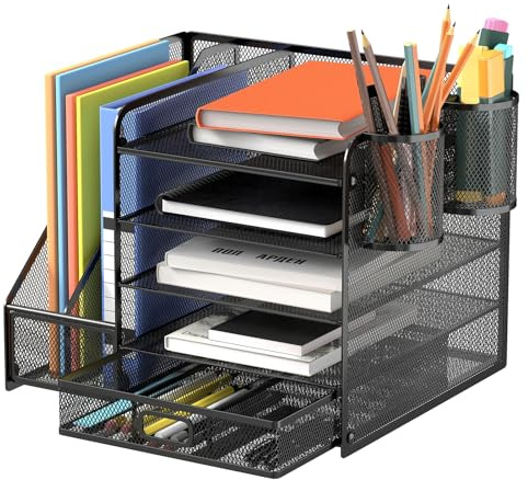 ANYVOYAGE 5 Tier Grid Desktop Organiser with Drawer - Multi-functional office school supplies organiser for files, brushes, magazines, paper, space saving (black)