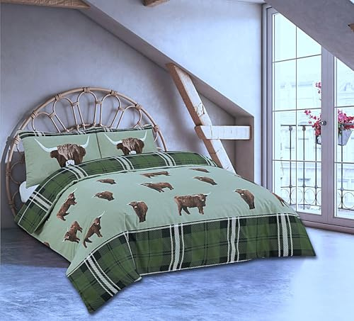 Charlotte Andersen Green Highland Cow Double Duvet Cover Set Reversible PolyCotton Tartan Check Bedding (Double)