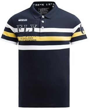 Camp David Herren Kurzarmpolo mit Streifen-Design und Artworks Blue Navy, L