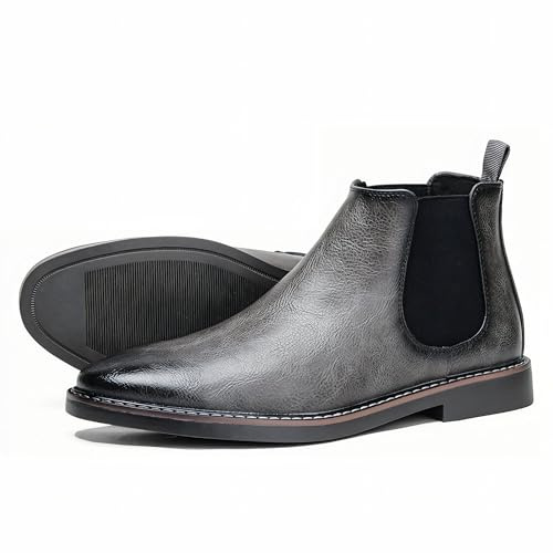 Pradize Botas Chelsea Para Hombre Sin Cordones, Cuero Sintético, Paneles Elásticos, Suela Antideslizante (Gris, 44)