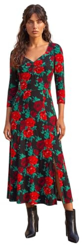 Roman Abstract Animal Print Ruched Midi Dress for Women UK - Ladies Autumn Everyday Winter Holiday Sweetheart Neckline Comfy 3/4 Sleeve Soft Frock Jersey Gowns - Rose Red - Size 20