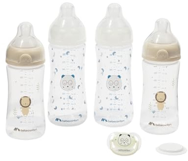 Bebeconfort Physio Air Grow-with-Me Flaschenset, Anti Colic Babyflaschen, Ab 0 Monaten, 4 Baby Flaschen Neugeborene, 3 Saugergrößen, Physiologisch Geformter Schnuller, Im Dunkeln Leuchtendes Design