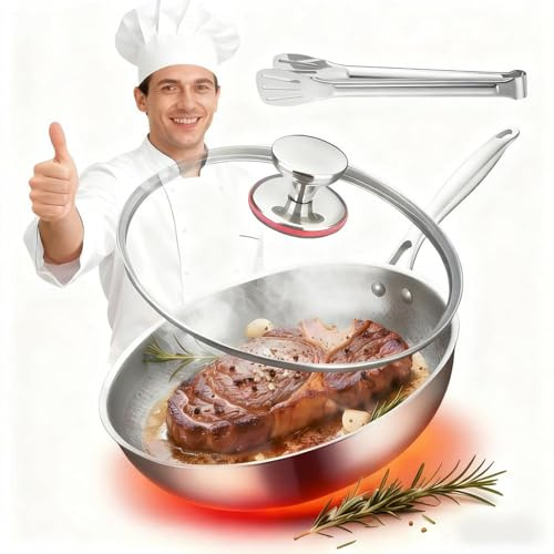 VUKHWX 2026 Upgrade Titanium Pan, Titanium Pro Pan, Titanium Frying Pan, Titanium Pans Uncoated with Lid 32/34 cm, Compatible with Induction and All Hobs (34 cm)