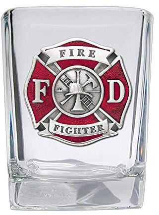 Heritage Pewter Feuerwehrmann Schnapsglas, quadratisch, handgeformt, 42,5 ml, aufwendig gearbeitetes Alma Mater-Inlay aus Metall