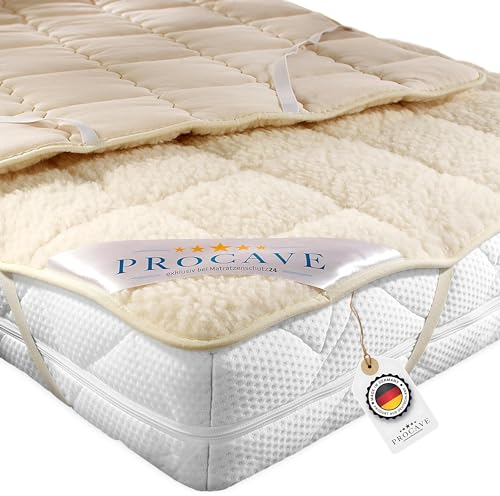 PROCAVE weiches Unterbett mit Lammflor und Schurwolle, hochwertige Matratzen-Topper, Matratzen-Schoner mit 4 Eckgummis, Matratzen-Auflage 90x210 cm