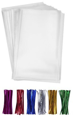 BakeBaking 6x9 Cellophane Treat Bags with Ties 200 Clear Goodie Cookie Bags