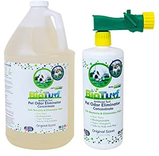 BioTurf BioS+ Odor Eliminator Concentrate – Artificial Turf Cleaner for Pet Urine Outdoor & Yard Deodorizer for Dog Urine and Poop – Enzyme Formula – 1 Gallon + 32 oz Bottle with Sprayer Set