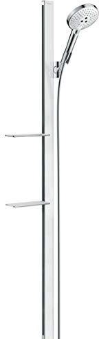 hansgrohe wassersparendes Duschsystem (Duschkopf, Schlauch, Duschstange, Raindance Select S 120 Regendusche 1,50m mit zwei Ablagen, 3 Strahlarten) Weiß/Chrom