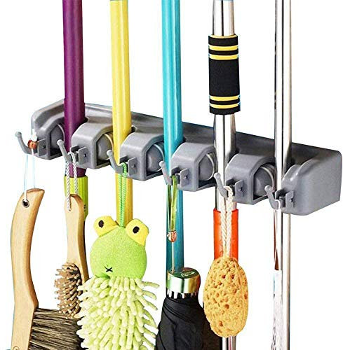 SAVICOS Mop and Broom Holder, Multipurpose Wall Mounted Heavy Duty Tool Organizer Storage Hooks,Ideal Broom Hanger for Kitchen Garden and Garage Laundry Room,5 Position with 6 Hooks