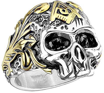 Mianova Herren Ring Edelstahl Massiv Breit Herrenring Männer Biker Rocker Totenkopf Schädel Zeichen Symbol gold vergoldet Größe 68 (21.6)