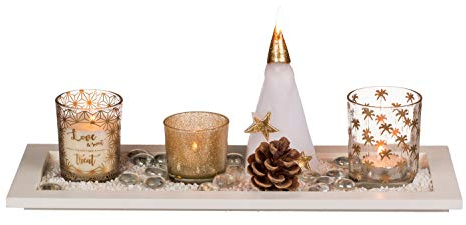 Vassoio bianco in legno, ca. 36 x 14 cm, con 2 portalumini di vetro, candela in vasetto di vetro, candela Babbo Natale