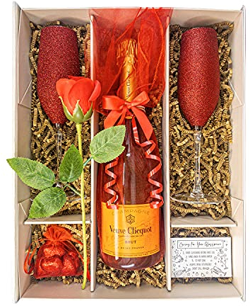 Veuve Clicquot 75cl Champagne Valentines Day Gift Set Hamper With Matching Red Champagne Flutes, Red Rose & Chocolates, Gift Boxed - Congratulations Gift, Ruby Anniversary For Couples (Veuve Clicquot)