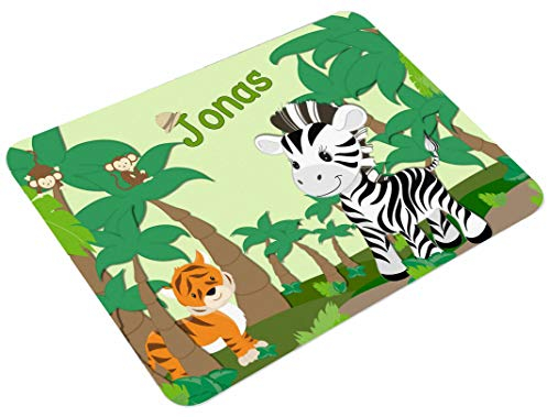 CreaDesign Personalisiertes Kinder Frühstücksbrett mit Namen, 20x25cm, rutschfestes Schneidebrett aus Kunststoff, Safari-Zebra Design, spülmaschinen&mikrowellengeeignet, Schneidbrett für Kinder