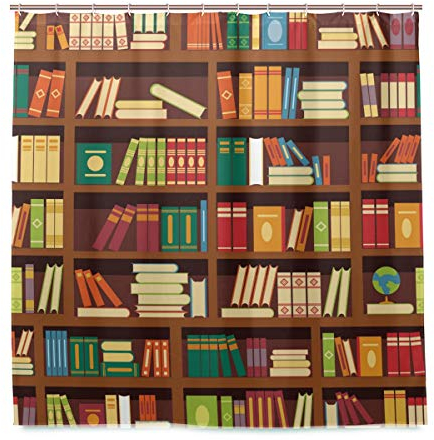Bildung Bibliothek Bücherregal Duschvorhang, Beständig Wasserdicht Polyester Stoff Bad Vorhang Zubehör 12 Haken 72x72 Zoll Zuhause Dekor