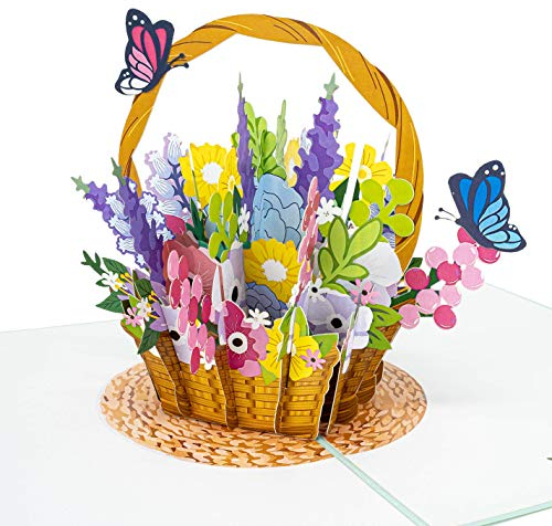 LIMAH® Pop-Up 3D Grußkarte/PopUp 3D Blumen-korb-Karte für dich zum Geburtstag, Muttertag, Valentinstag, Hochzeit für Sie/Blumenkorb mit Schmetterlingen Motiv/in Türkis