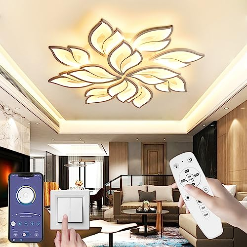 Moderne LED Deckenleuchte Dimmbar, Wohnzimmerlampe mit Fernbedienung APP Lichtfarbe Helligkeit Farbwechsel, Schlafzimmer Deckenlampe Deckenbeleuchtung Lampe, Kronleuchter Dimming Innenbeleuchtung