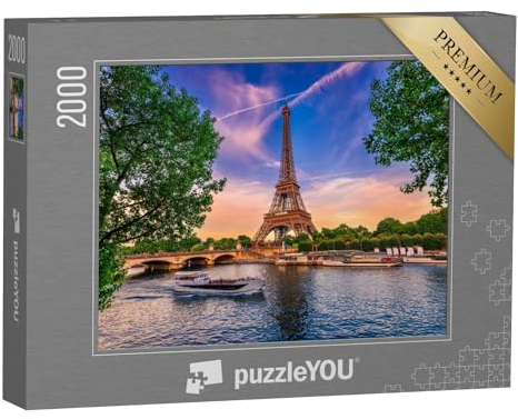 puzzleYOU: Puzzle 2000 Teile „Eiffelturm und Fluss Seine bei Sonnenuntergang in Paris, Frankreich“ – aus der Puzzle-Kollektion Seine, Paris, Europa, Städte, Eiffelturm, Architektur, Flüsse & Seen
