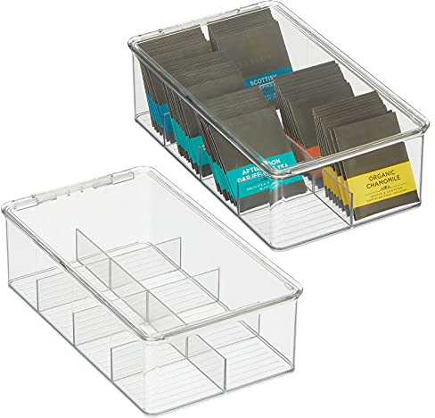 mDesign Küchen Organizer – praktische Teebox mit Deckel für Küche und Speisekammer – Aufbewahrungsbox mit 8 Fächern für Tee, Kaffee, Gewürze und andere Lebensmittel – 2er-Set – durchsichtig