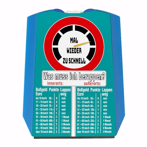 speecheese Zu schnell gefahren Bußgeld Parkscheibe in türkis mit Straßenschild Motiv mit Eiskratzer Wasserabstreifer und Einkaufswagen-Chips für Fahranfänger mit Führerschein um den