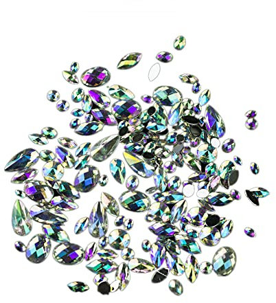 15g Bag of Mixed 3mm-18mm Flat Back Iridescent Rhinestone Gems in a Variety of Shapes and Sizes (A13. Clear)