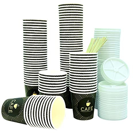Genérico Pack 100 vasos desechables de cartón para café con paletinas de madera (120ML - CON TAPA)