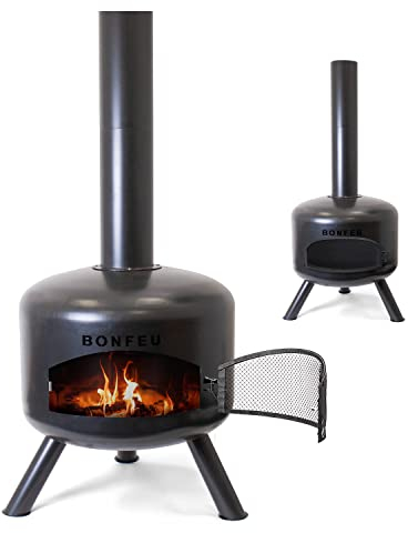 BonFeu BonGiro Schwarz - Terrassenofen - Feuerstelle mit Funkenschutz für entspannte Abende - Feuersäule Outdoor - Terrassenkamin mit Grillrost - Gartenofen aus hochwertigem Cortenstahl