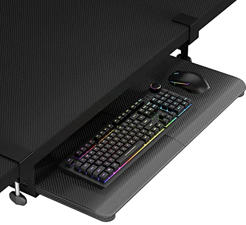 BONTEC Under Desk Keyboard Tray, Sliding Pull Out Drawer with C-Clamps, 650x300mm, Ergonomic Carbon Fibre Keyboard Holder, Desk Space Saver for Office and Home
