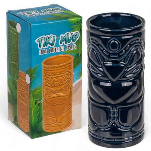 MIJOMA Tiki Becher Tiki Glas aus Keramik, Hawaii Cocktailbecher Cocktailgläser für Tiki Bar Cocktailparty Rockabilly, spülmaschinengeeignet wiederverwendbar, ca. 14 cm x 6,5 cm (Dunkelblau)