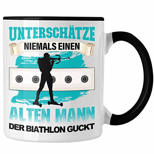Trendation - Biathlon Tasse Unterschätze Niemals einen Alten Mann, der Biathlon guckt Geschenk für Biathlon-Fans (Schwarz)